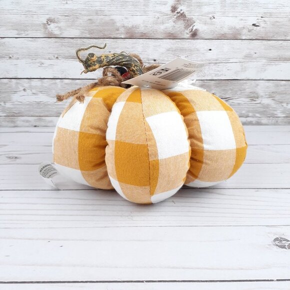 Fall Fabric Decorative Pumpkin Orange Plaid 8 inch Tabletop Decor - Picture 2 of 3
